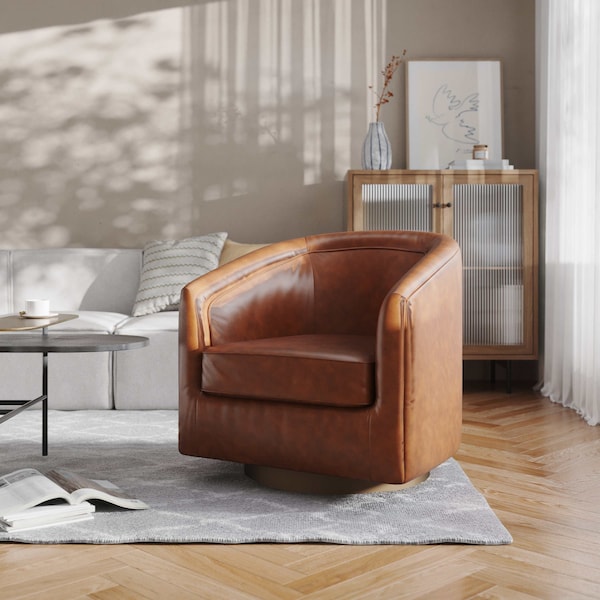 Flash Furniture Dean Club Style Commercial Barrel Accent Armchair Metal Base, Brown LeatherSoft Upholstery BS-AC22-064-BRNPU-GG - main